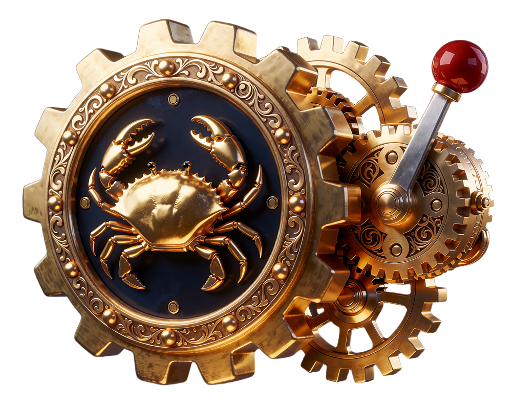 Złoty krab w zębatce połączonej z mosiężną dźwignią z czerwoną gałką - grafika mechaniki Bonus Crab