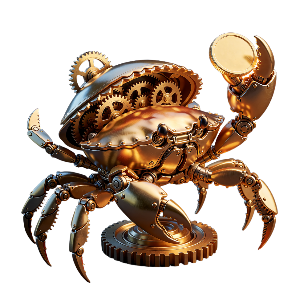 Mechaniczny złoty krab z mosiężnymi zębatkami i uniesioną łapą z monetą - maskotka mechaniki Bonus Crab